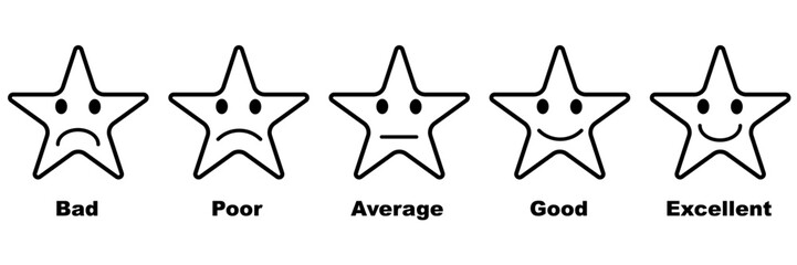 Rating review emoji set with with stars. Customer feedback. five star rating emoji icon set. emoji feedback scale with star. rating emoji, icon, vector, rating, feedback, vector.