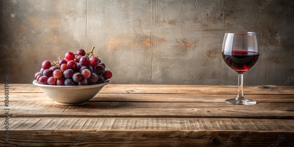 Aufkleber rustic still life featuring red grapes in a bowl and a glass of red wine on a weathered wooden table