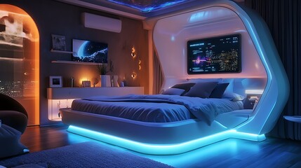 Obraz premium Space-inspired bedroom with a sleek, curved bed, glowing LED flooring, and a holographic display for adjusting light, temperature, and decor 