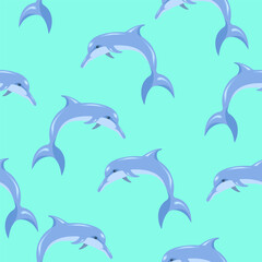 Seamless dolphin pattern on turquoise background.Vector pattern for textiles, backgrounds, and summer designs.
