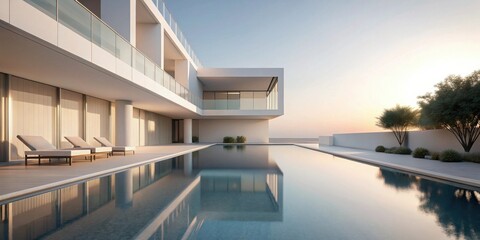 Fototapeta premium Modern minimalist architecture with infinity pool and patio loungers at sunset