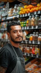 Grocery store employee standing in front of shelves full of produce and spices