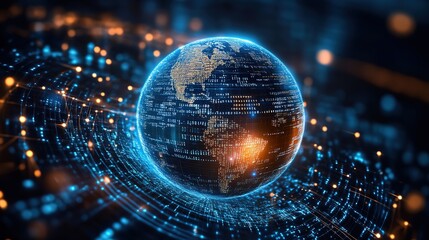 A blue digital Earth surrounded by rays of light and data points, representing the global connectivity and digital transformation of our world.