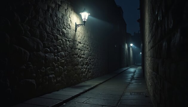 Dramatic alleyway illuminated by single street lamp at night. Rough stone wall creates dramatic contrast shadows in vintage urban setting. Retro grunge dark atmosphere. - Powered by Adobe