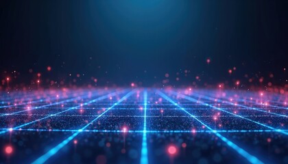 Obraz premium Abstract digital grid, blue, pink glowing particles against dark blue background. Futuristic tech design, network concept, data transfer, connection, cyberspace, innovation.