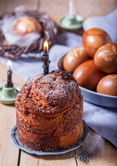 Easter cake and painted eggs, traditional Easter symbols blessed in the church.