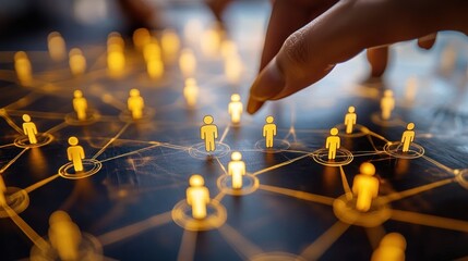 Hands connecting digital people network, collaborative meeting, glowing icons, abstract background