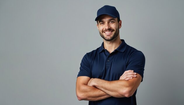 Smiling male service technician, delivery driver, courier stands arms crossed. Wearing navy blue polo shirt, cap. Confident look, isolated gray background. Professional work attire, worker, employee.