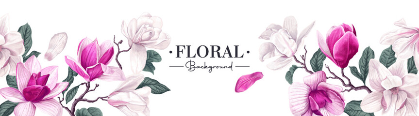 Spring banner with blooming pink and white magnolias on a white background, place for text. Banner for social networks, outdoor advertising. Very realistic flowers, hand-drawn vector using real flower