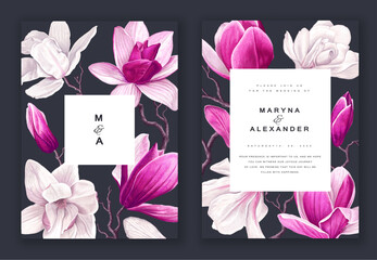 Spring, trendy, greeting or invitation, design template with magnolia white and pink colors in realistic style with high detail. Set of poster, flyer, brochure, cover, party advertising.