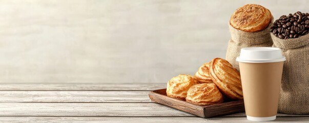 coffee and bakery concept. Coffee shop display with cappuccino mugs, roasted coffee beans in burlap sacks, and bakery trays filled with pastries