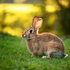 Fototapeta premium Wild rabbit enjoying golden hour sunlight in green meadow