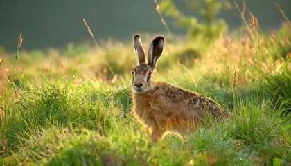 European hare standing in green grass at sunrise