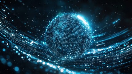 A glowing blue digital sphere surrounded by light rays and data particles, symbolizing the digital essence of the global information network.