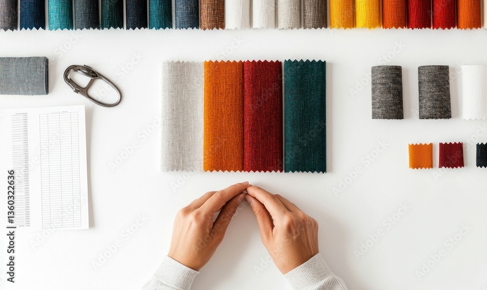 Poster hands select upholstery fabrics from a colorful array of textile samples on a bright white desk.