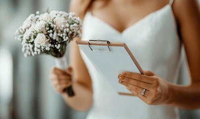 A bride in a white dress reviews her wedding plans holding a bouquet of roses and baby's breath.