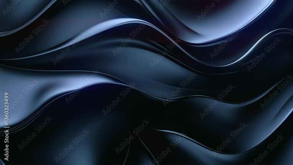Poster Animation of smooth, wavy shapes flowing into each other, resembling a liquid with a smooth and shiny surface. Color scheme based on shades of blue and black. Modern abstract style