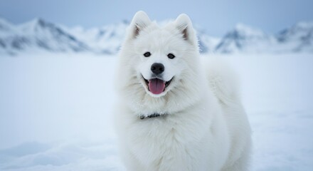 Fototapeta premium Samoyed Puppy Smiling with Fluffy White Fur – Happy Arctic Dog