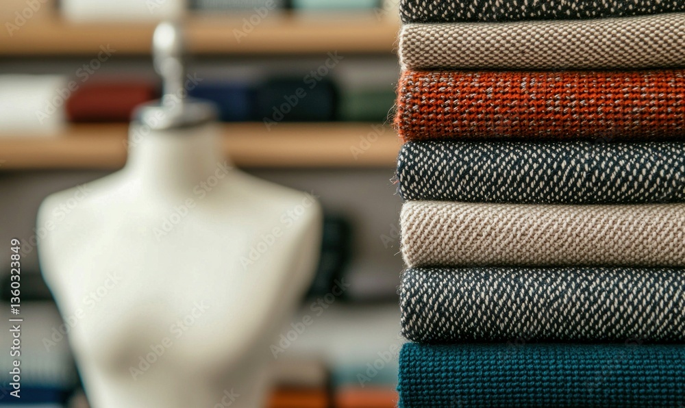 Poster a neatly arranged stack of colorful fabric samples showcasing various textures in a tailor shop.