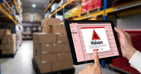 Cyber attacking concept. Malware alert showing on computer screen display scam and threat detection on computer system or online server to be removed snugly.