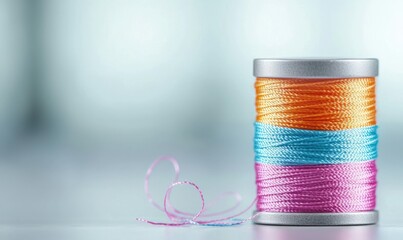 Close up of a colorful bobbin of thread, with orange, blue, and pink hues, perfect for sewing projects.