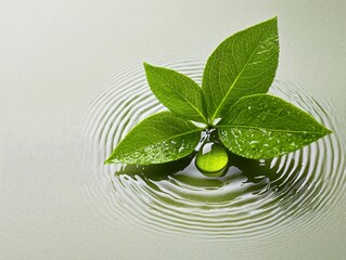 Vibrant Green Plant with Dew Drops Floating on Calm Water