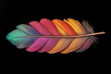 Vibrant Multicolored Feather with Intricate Patterns on Black Background