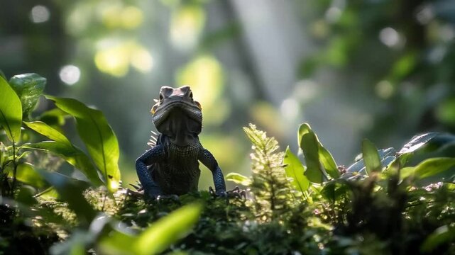 A lizard sits on a mossy rock in a lush green forest.  Smooth repeating motion for background video animation
