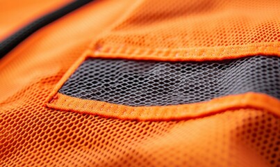 A close-up of an orange safety vest shows the hi-vis fabric and breathable black mesh.