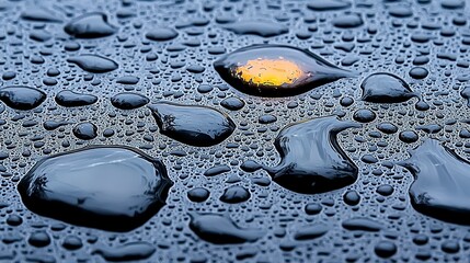 Water Droplets on Dark Surface Reflecting Warm Light