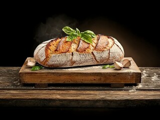 Warm Crusty Artisan Bread Loaf on Rustic Wooden Board