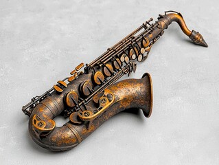 Weathered Bronze Saxophone on Gray Textured Surface