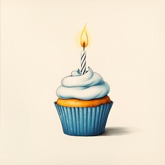 Single Birthday Cupcake Candle Illustration.