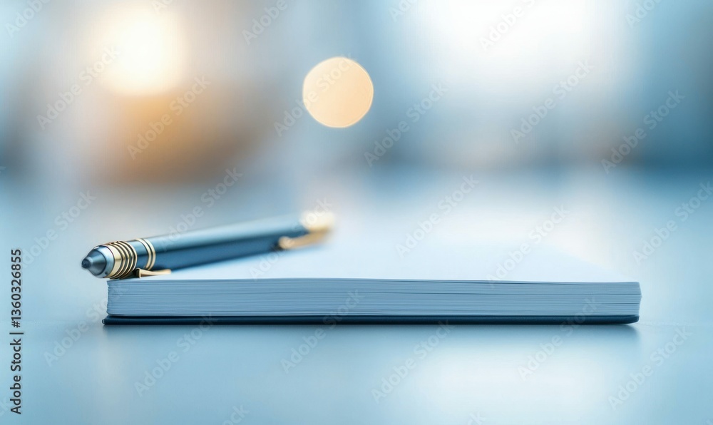 Poster a sleek pen rests gently on a closed notepad, ready for brainstorming in a modern workspace.
