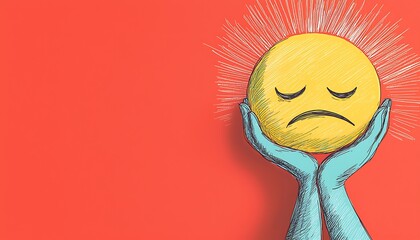 Sad Emoji for Hands, Red Background.