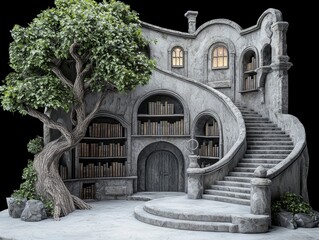 Whimsical Stone Library with Winding Staircase and Tree