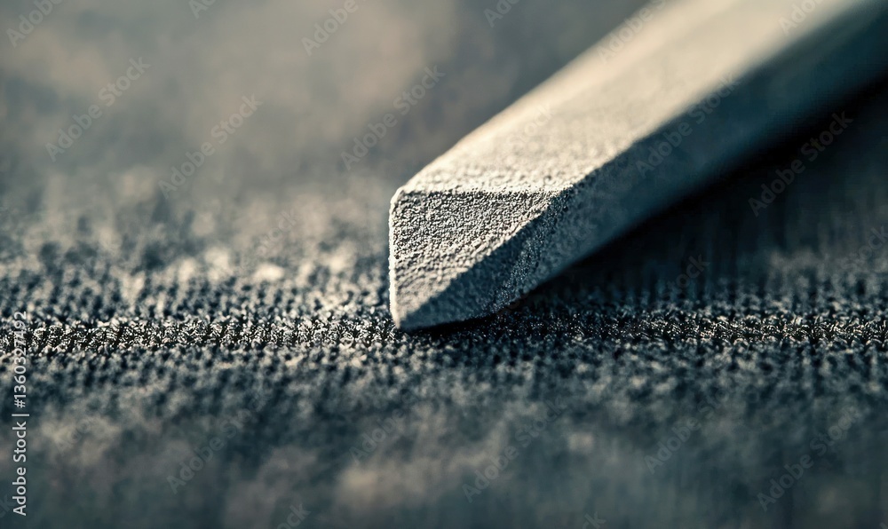 Aufkleber an up-close view of a sturdy metal chisel resting on a rough, textured surface.