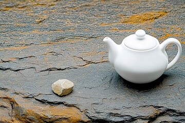 White Teapot and Stone on Dark Textured Surface