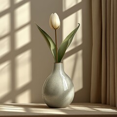 White Tulip in Speckled Gray Vase in Sunlit Room