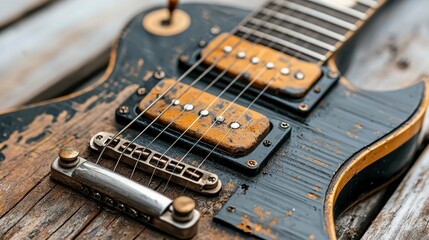 Worn Black and Gold Electric Guitar on Rustic Wood
