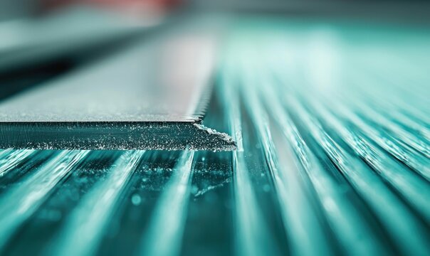 Close-up of industrial glass cutting, exhibiting jagged texture and sharp lines in cool tones.