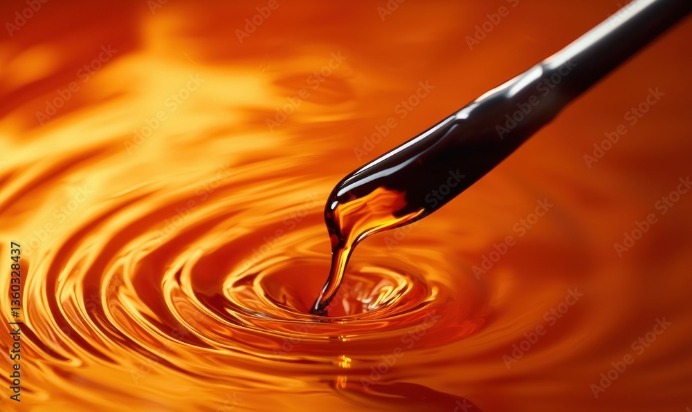 Poster a pipette drips a dark extract into an orange liquid creating ripples on the surface.