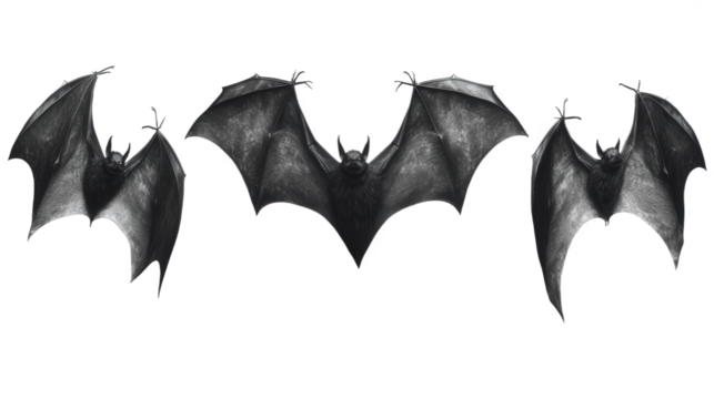 Three Bats in Flight Against a Black Background