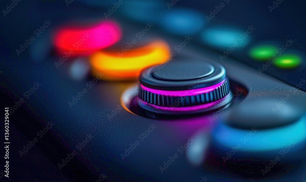 Poster detailed view of an audio control panel featuring vibrant, illuminated knobs and buttons for creativ