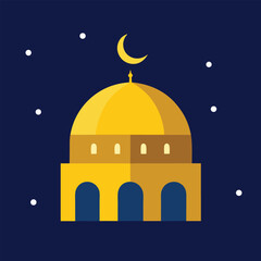  A beautiful mosque with a crescent moon and twinkling stars in the night sky