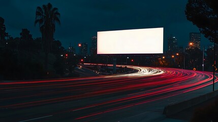 Empty billboard at night over a busy highway
