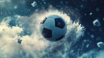 Fototapeta premium A close-up of a soccer ball mid-flight, with airwaves and dust particles forming around its trajectory.