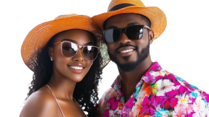 Couple Posing in Summer Hats and Sunglasses