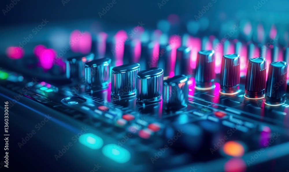 Poster a close up of an audio mixer's controls, illuminated by vibrant neon lights creating a futuristic fe