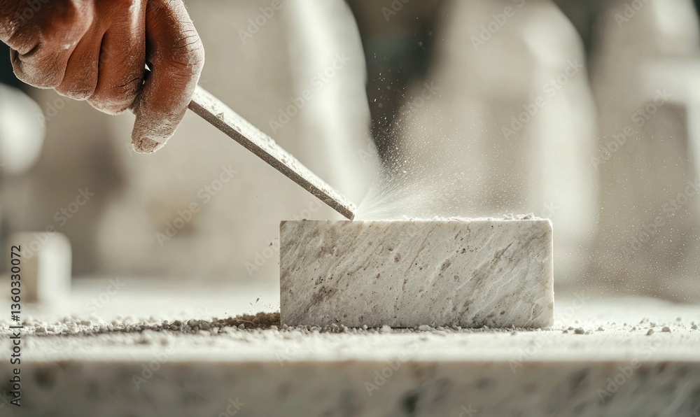 Aufkleber a craftsman meticulously shapes a marble block with a file, creating a shower of fine dust particles